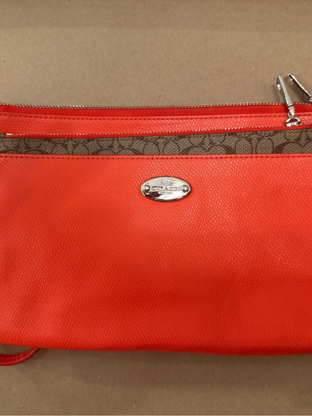 Coach Orange Pebbled Leather Wristlet Clutch with Signature Trim